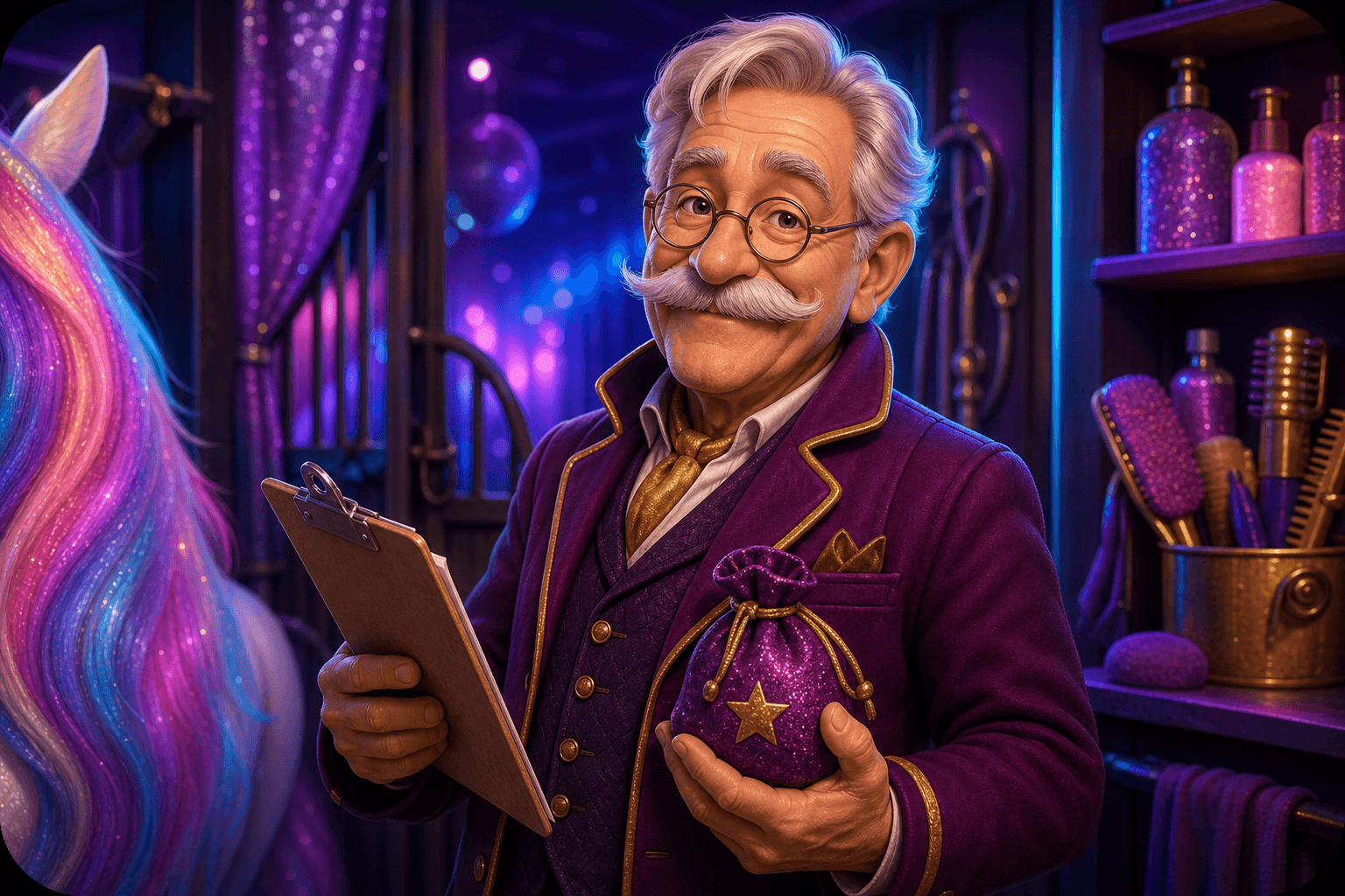 John Leopold, Carter Florence's elderly unicorn handler, holding a clipboard and glitter pouch
